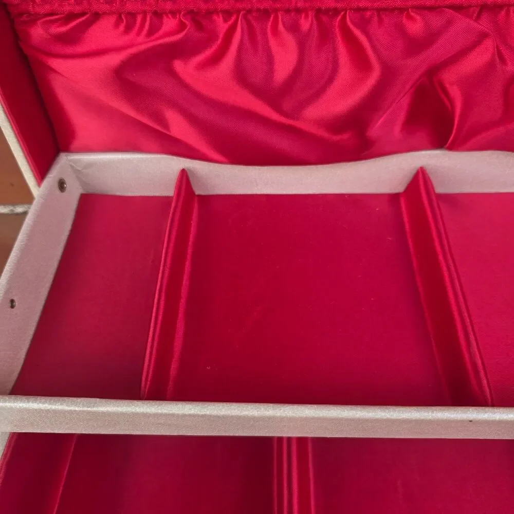 Vintage Jewelry Chest Box 2 Tier Red Satin Lined Organizer 14